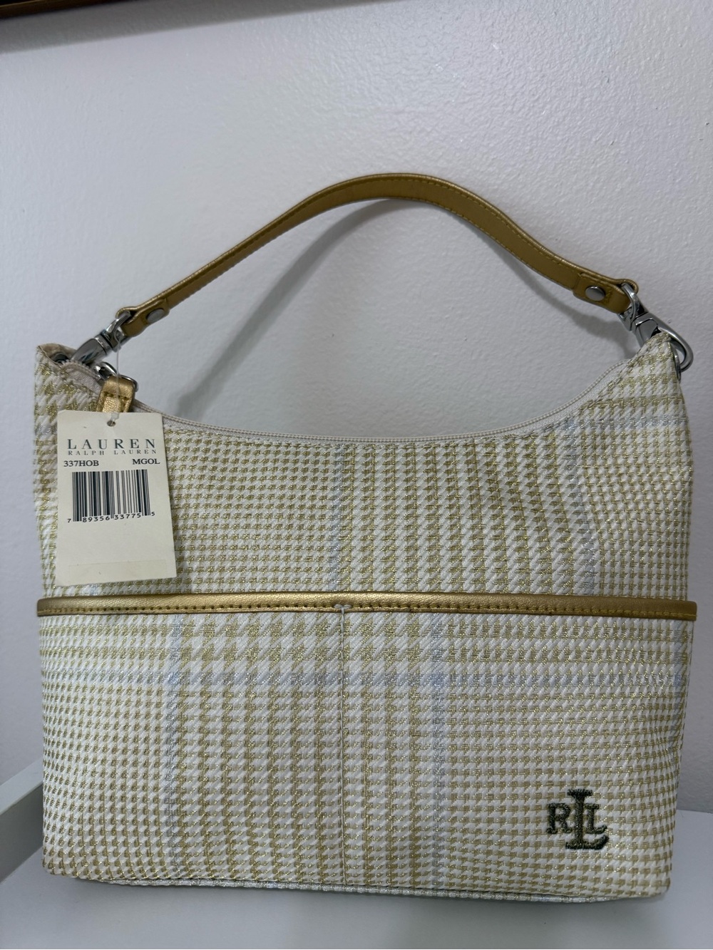 Vintage Ralph Lauren  Cream and gold Houndstooth Shoulder Bag with Gold Trim.